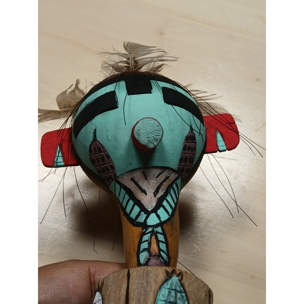 Vintage Hopi Corn Boy Kachina Dance Rattle Signed Saddleblanket Two Faced Shaker - Picture 7 of 16